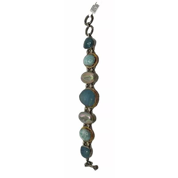 Natural Larimar & Aquamarine Gemstone Link Bracelet 925 Silver New